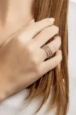 Zirkon Taşlı 18 Ayar Beyaz Altın Kaplama Gümüş Çoklu Yüzük - Görsel 2